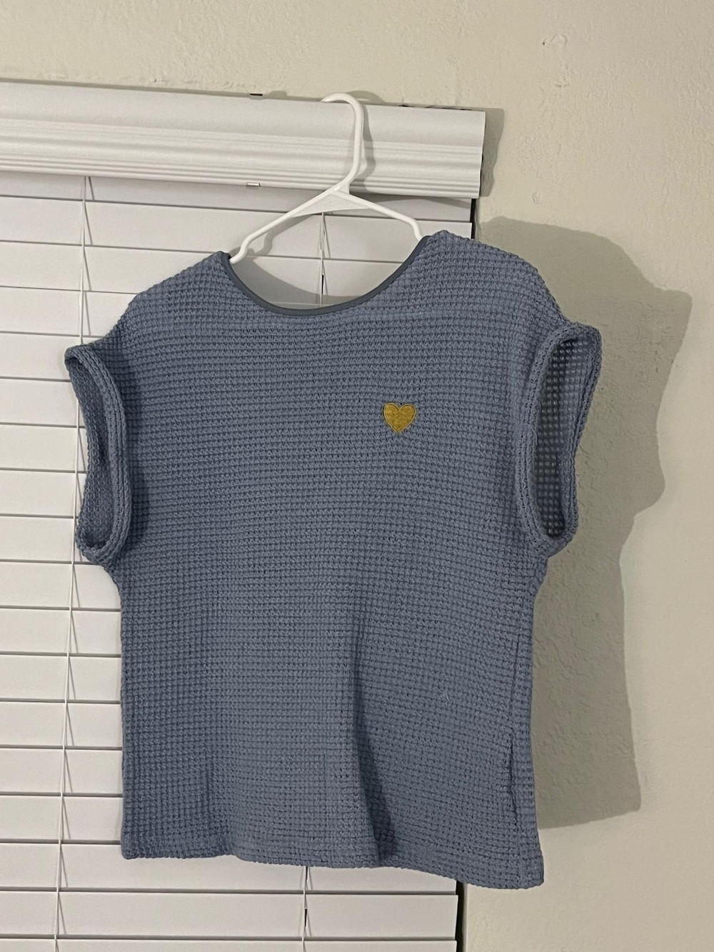 Blue Waffle Knit Short Sleeve Top with Heart Detail